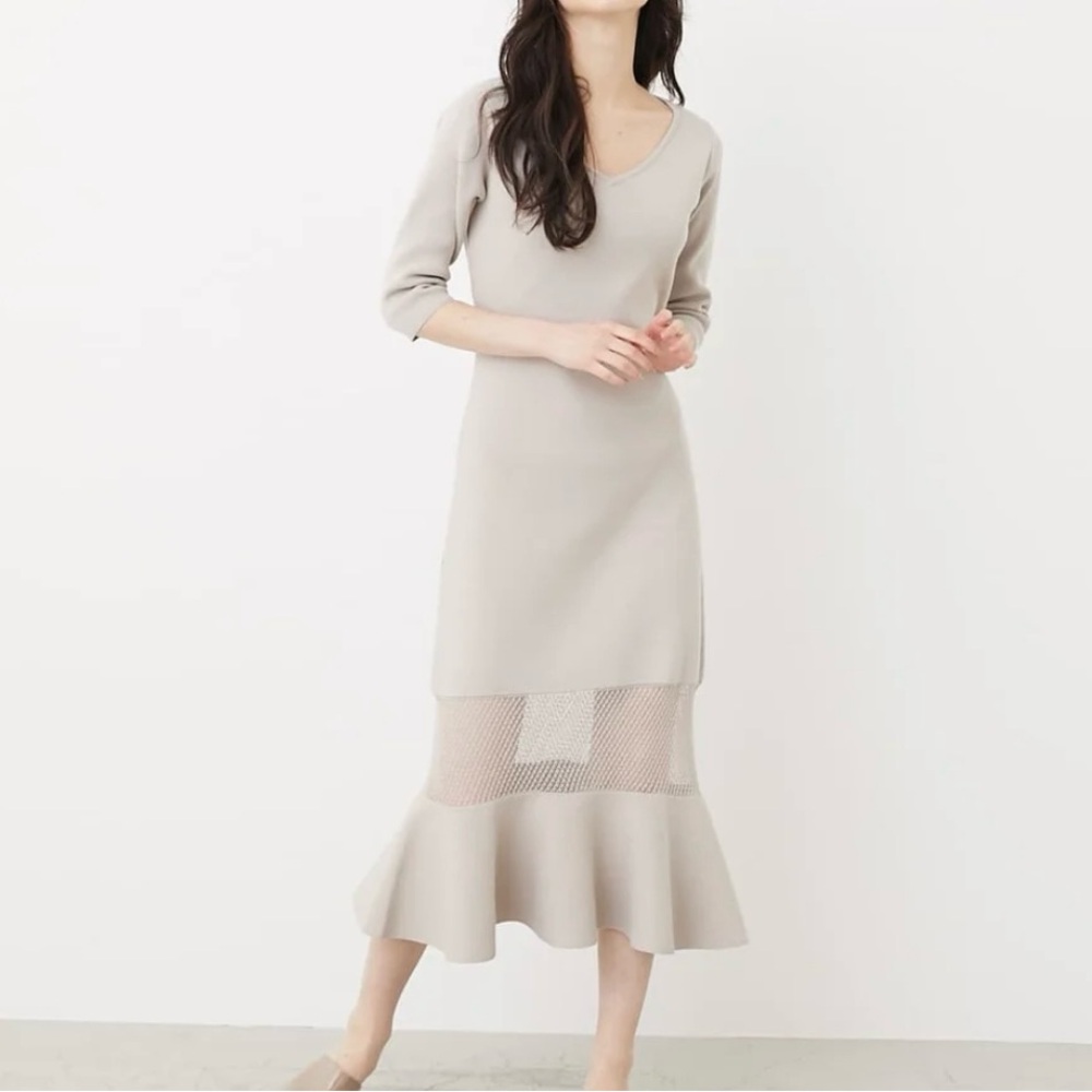 Rienda Women’s Beige Knit Midi Dress Mesh Panel Flounce Hem Minimalist One Size
